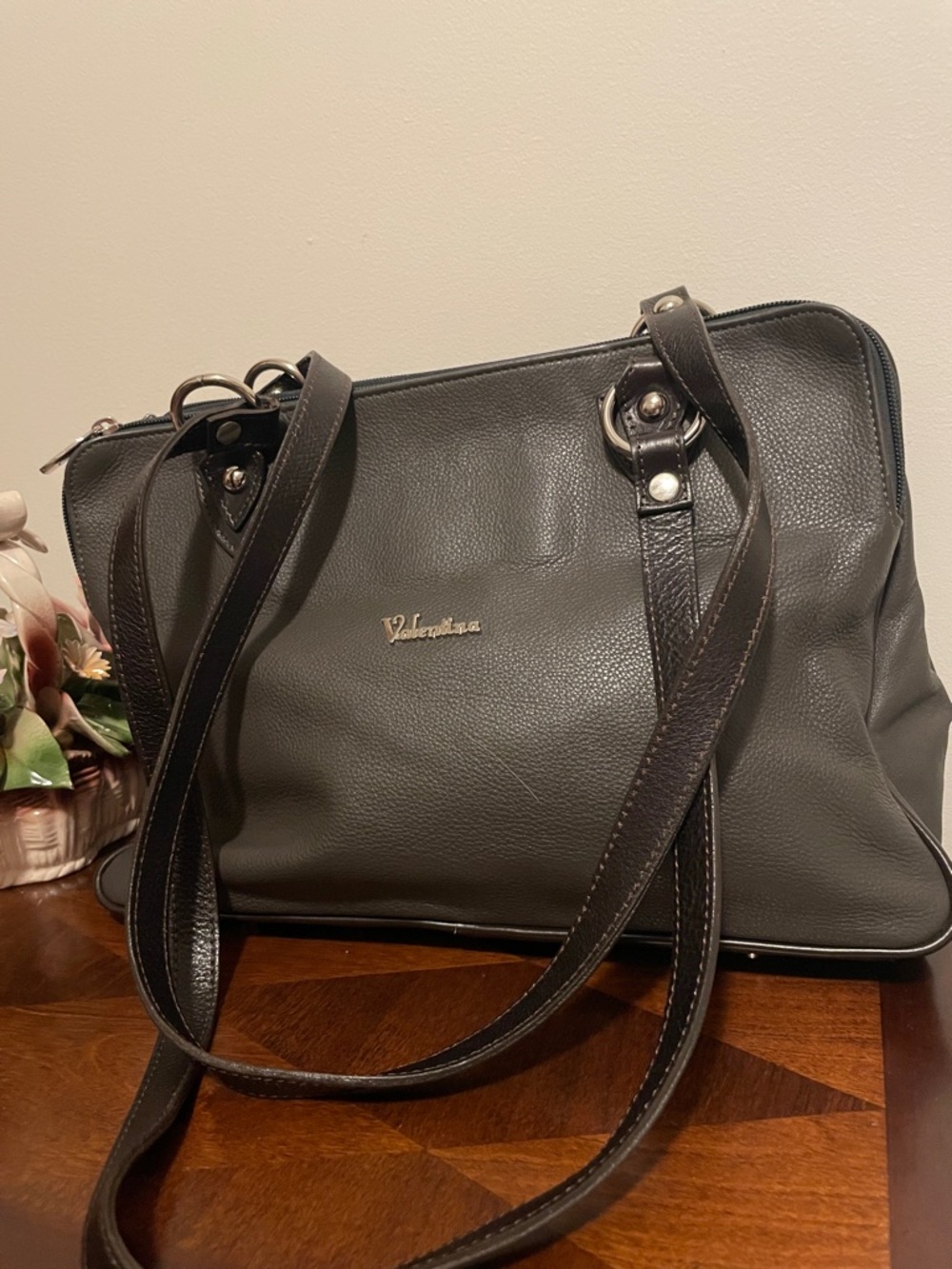 Valentina Dark Gray Leather Shoulder Bag with Double Straps